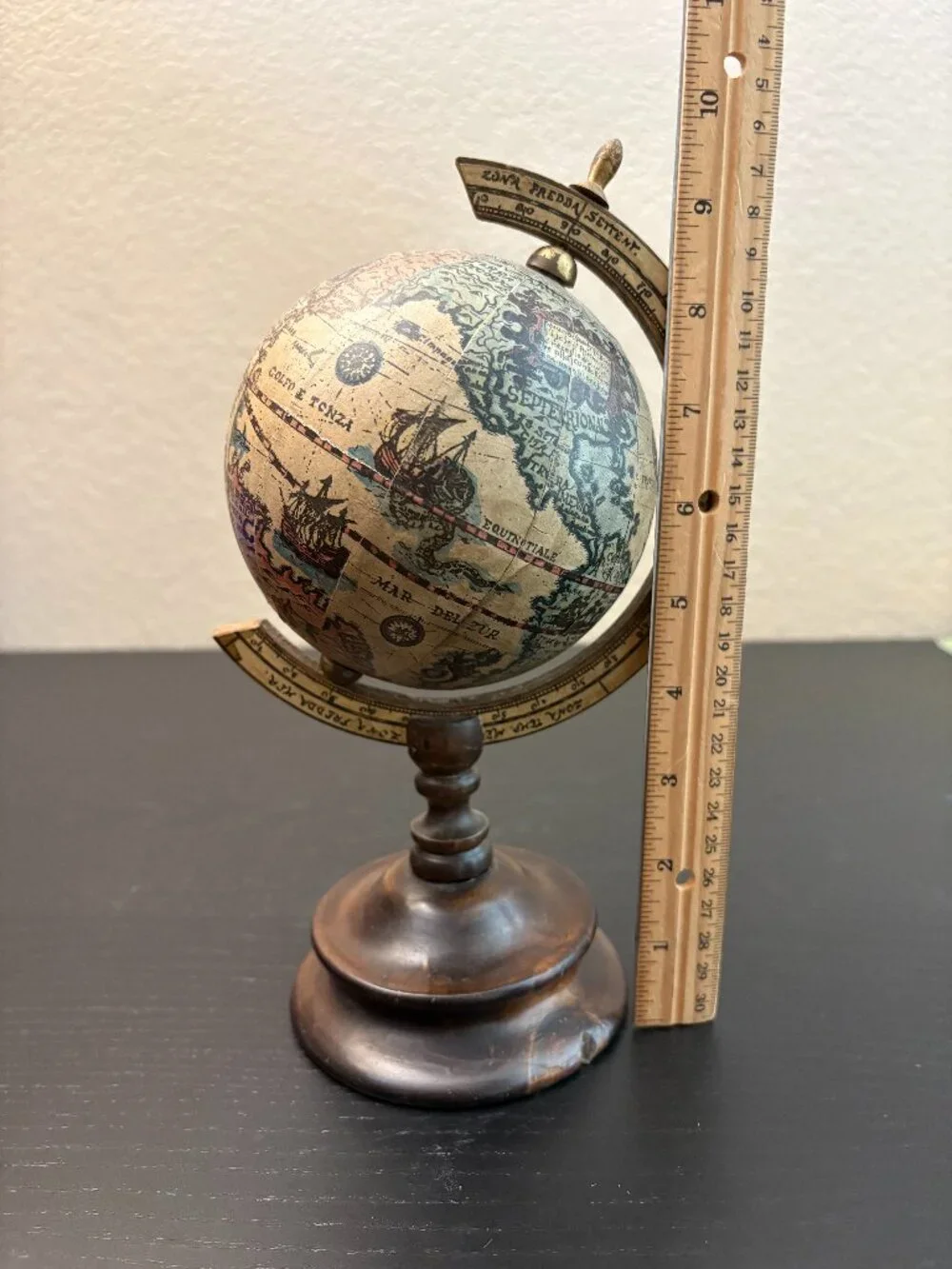 Vintage Mini World Globe Italy Wood Stand Old World Map Library Office Decor